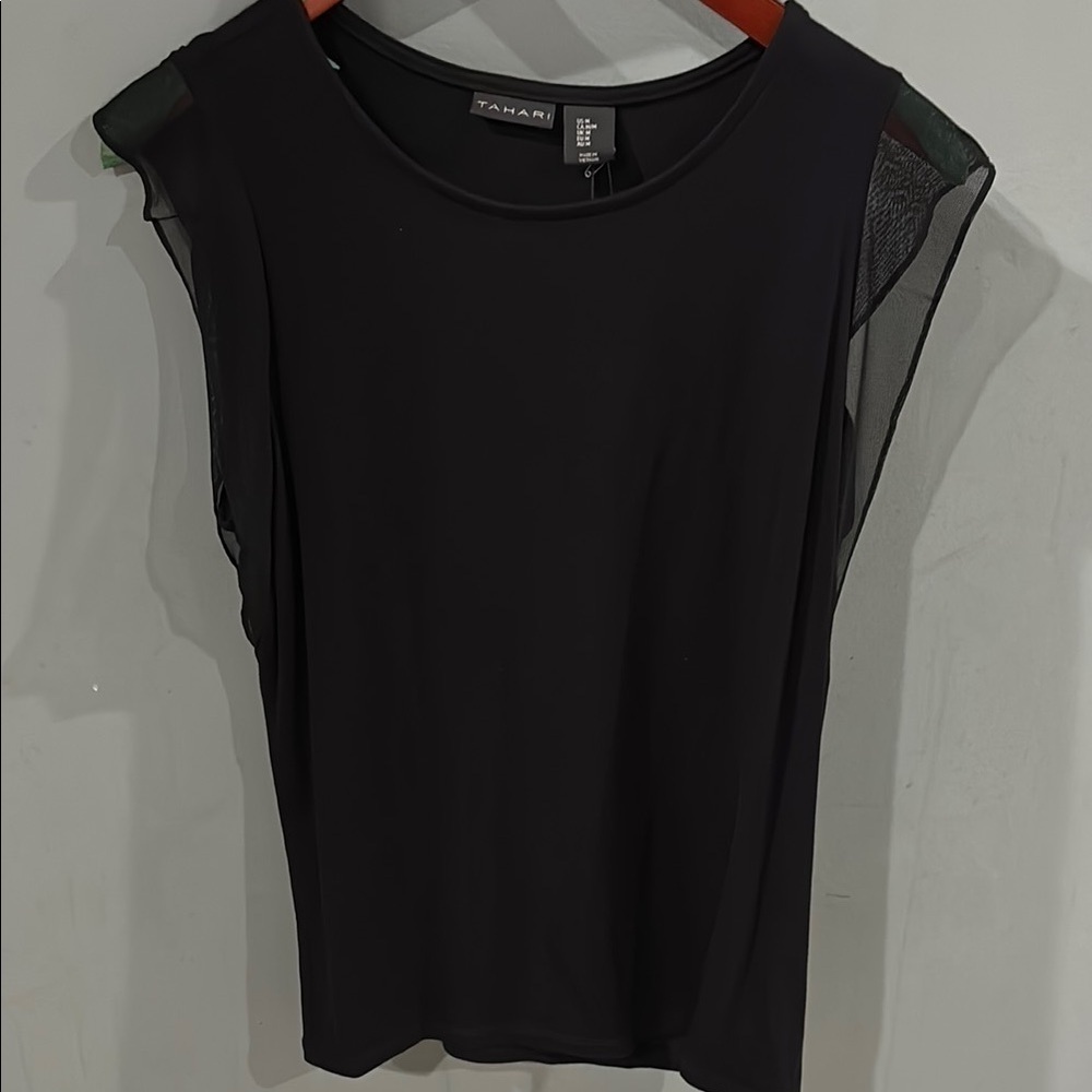NWT Tahari Black Knit Top Sheer Mesh Flutter Cap Sleeves Blouse Med.